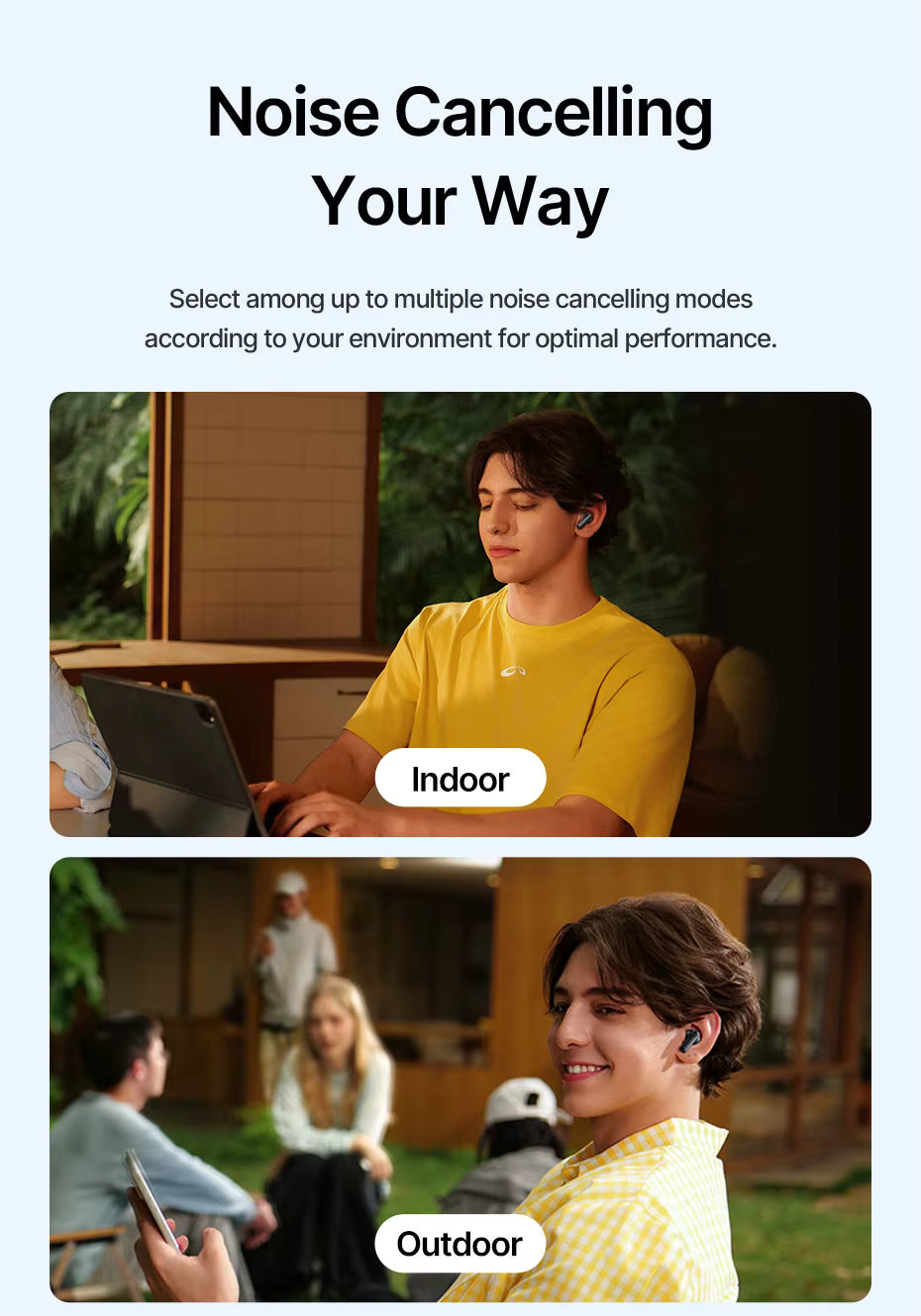 Advertisement for noise-cancelling technology with two scenarios: indoor and outdoor, featuring a person using a device.