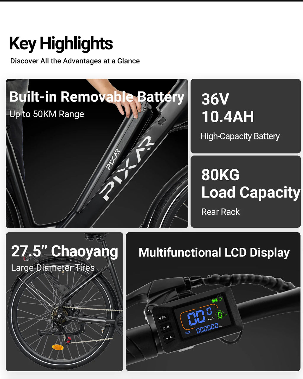 Key features of a Black PIXAR C1 electric bike displayed with text on a white background