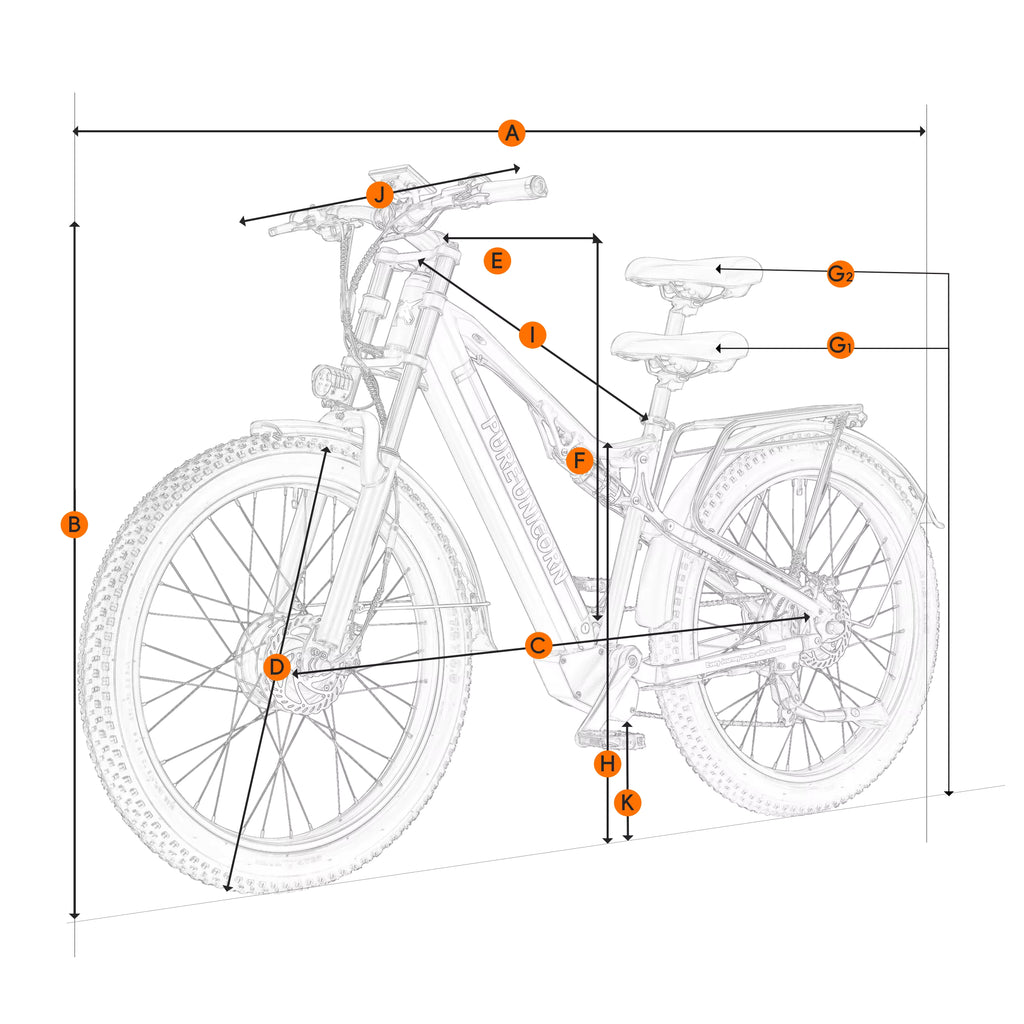 PURE UNICORN U7 electric bike Technical diagram of an electric bicycle with labeled parts on a white background