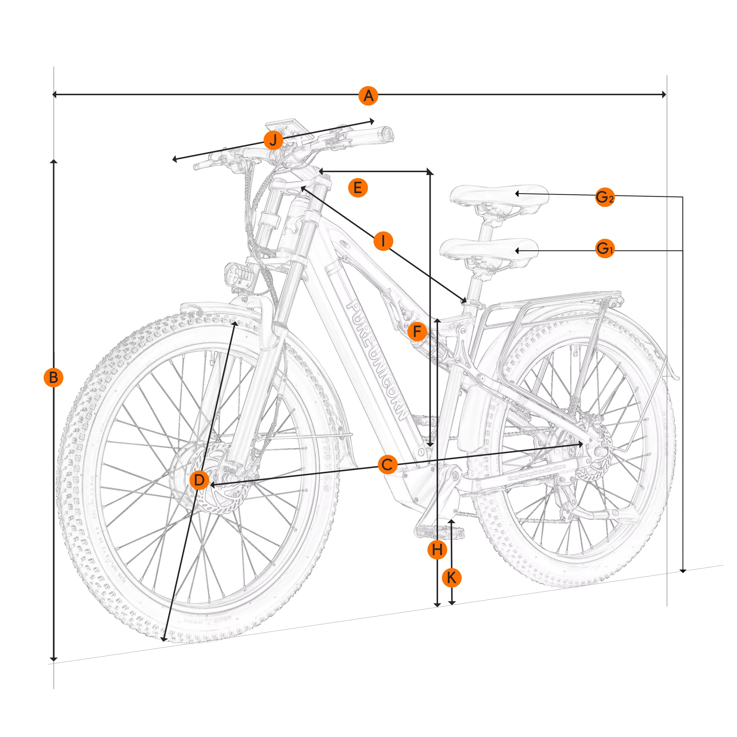 PURE UNICORN U7 electric bike Technical diagram of an electric bicycle with labeled parts on a white background