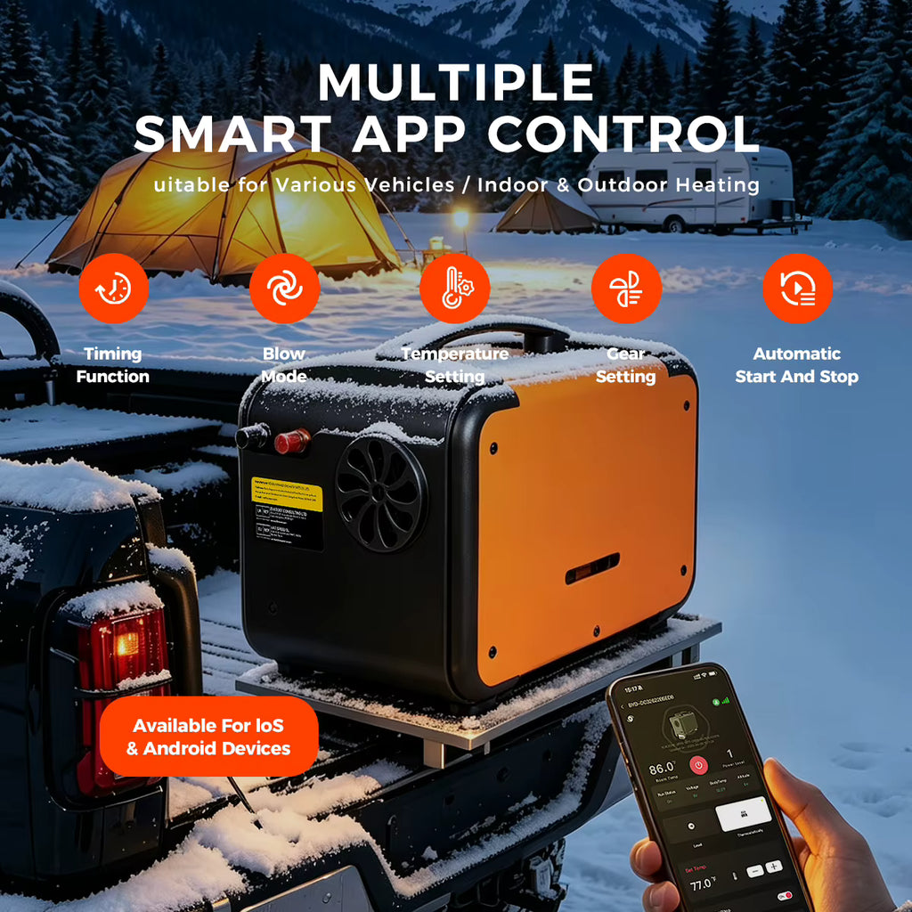 Sunster 8KW Diesel Air Heater smartphone Bluetooth app control interface in outdoor setting