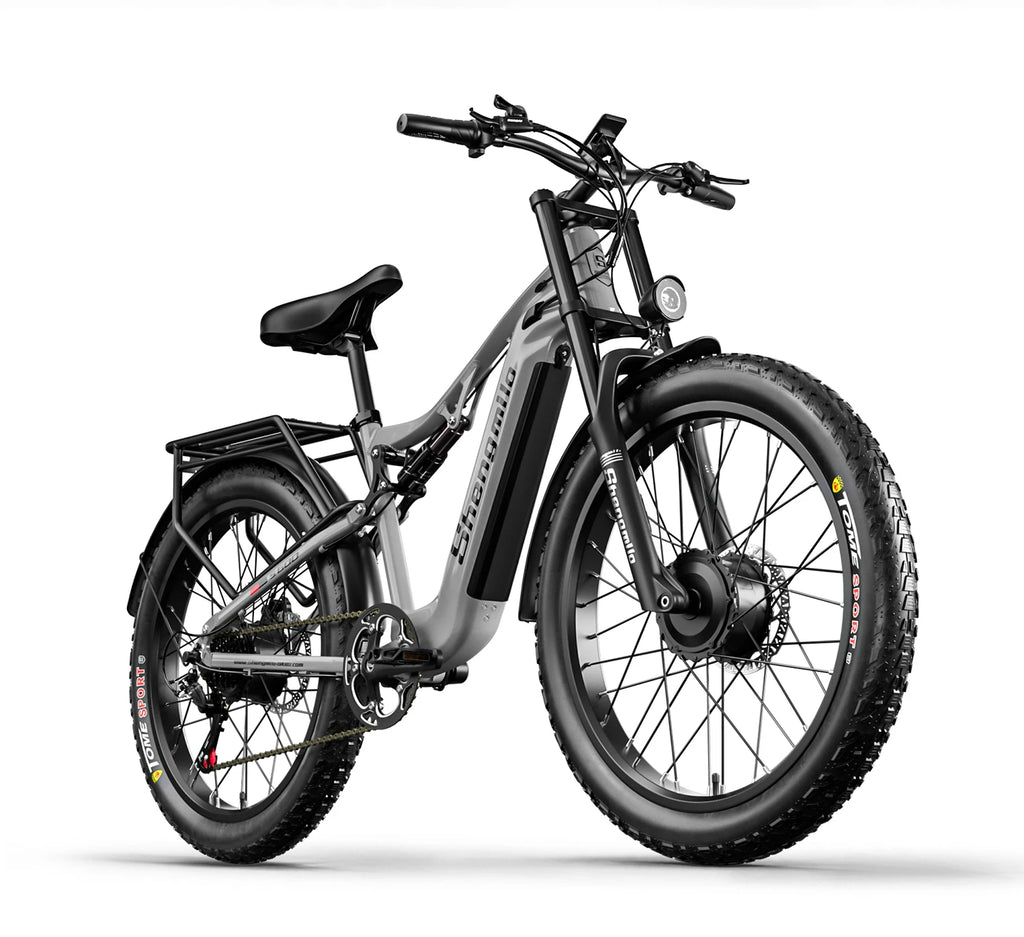 Angled side view of an electric bike on a white background