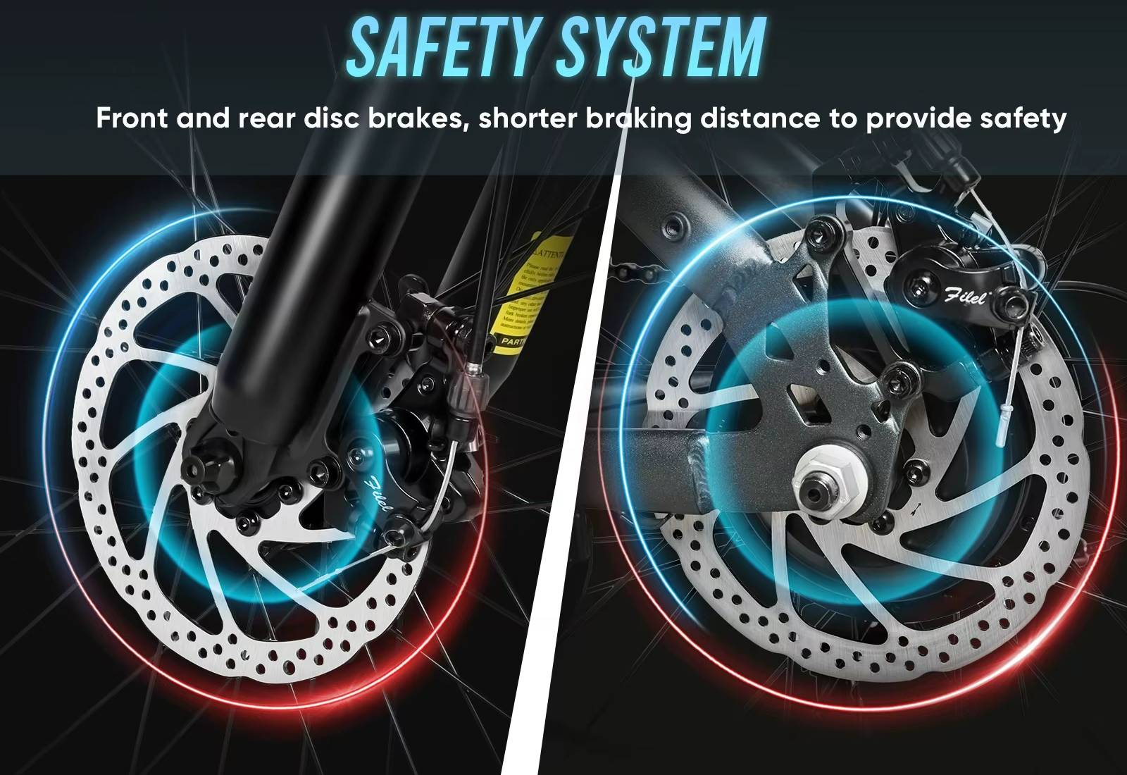 SAMEBIKE RS-A01 MEN E-Bike disc brakes with safety system text on a dark background