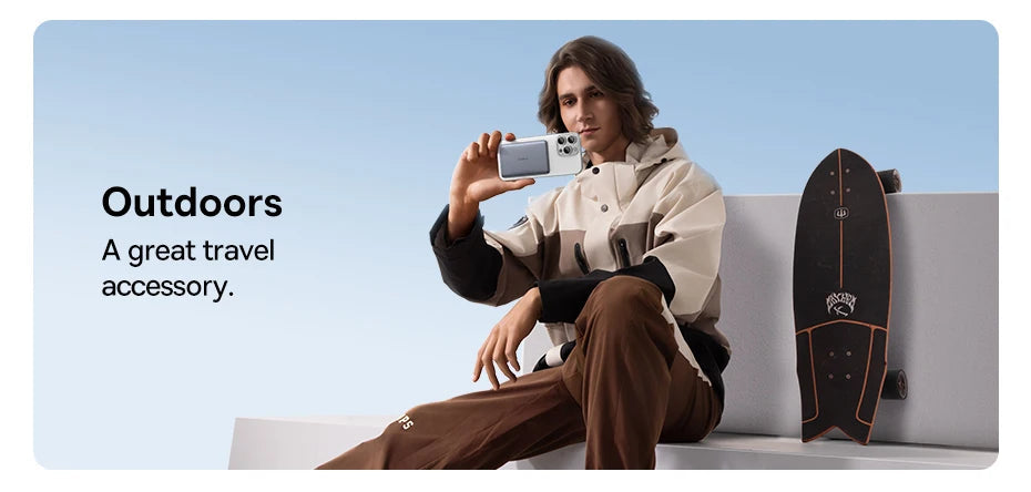 Baseus Thin Magnetic Wireless Power Bank 20W 5000mAh held on an iPhone during outdoor travel and lifestyle activities.