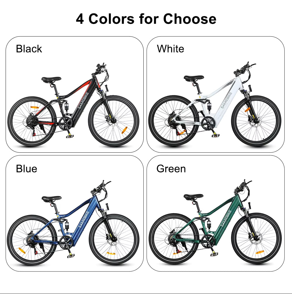  Four electric Samebike XD26-II bicycles in different colors displayed with text '4 Colors for Choose'.