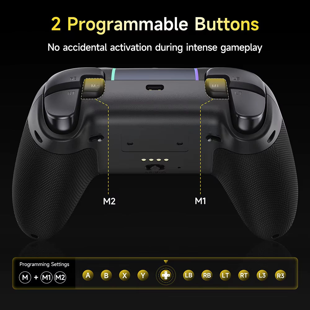 Rear view showing M1 and M2 custom macro back buttons on EasySMX X05 Pro controller   