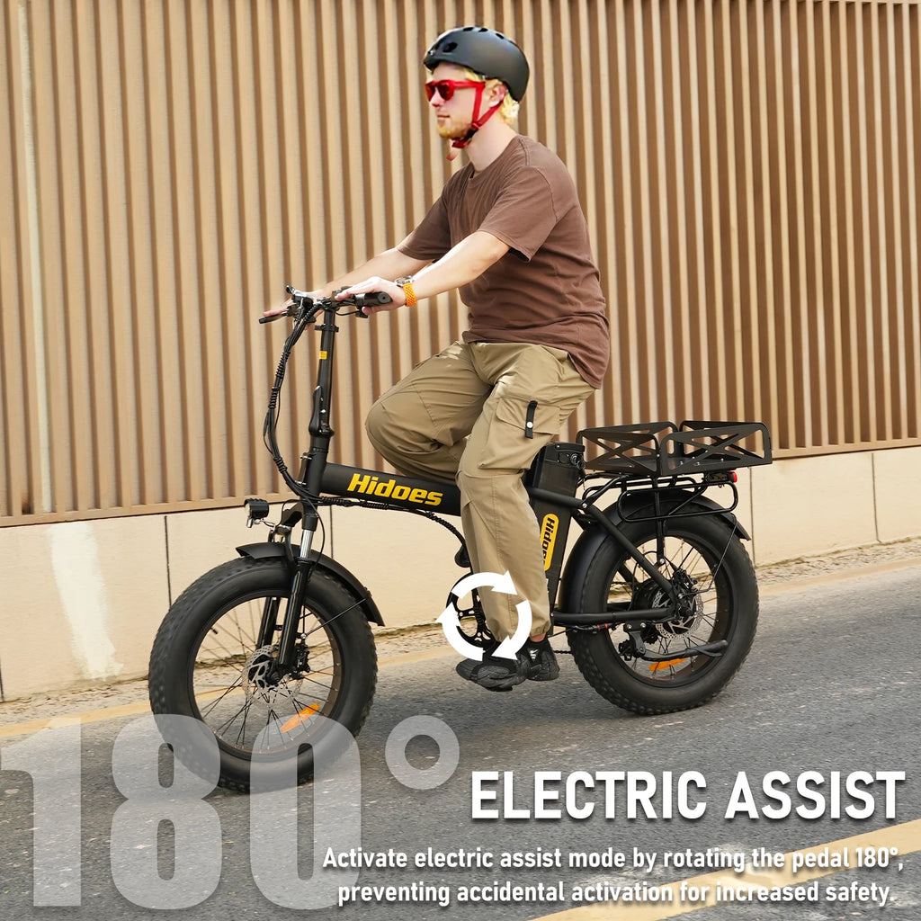 Man riding an Hidoes HD-F3PRO electric bike with 'Hidoes' branding against a brown wall.