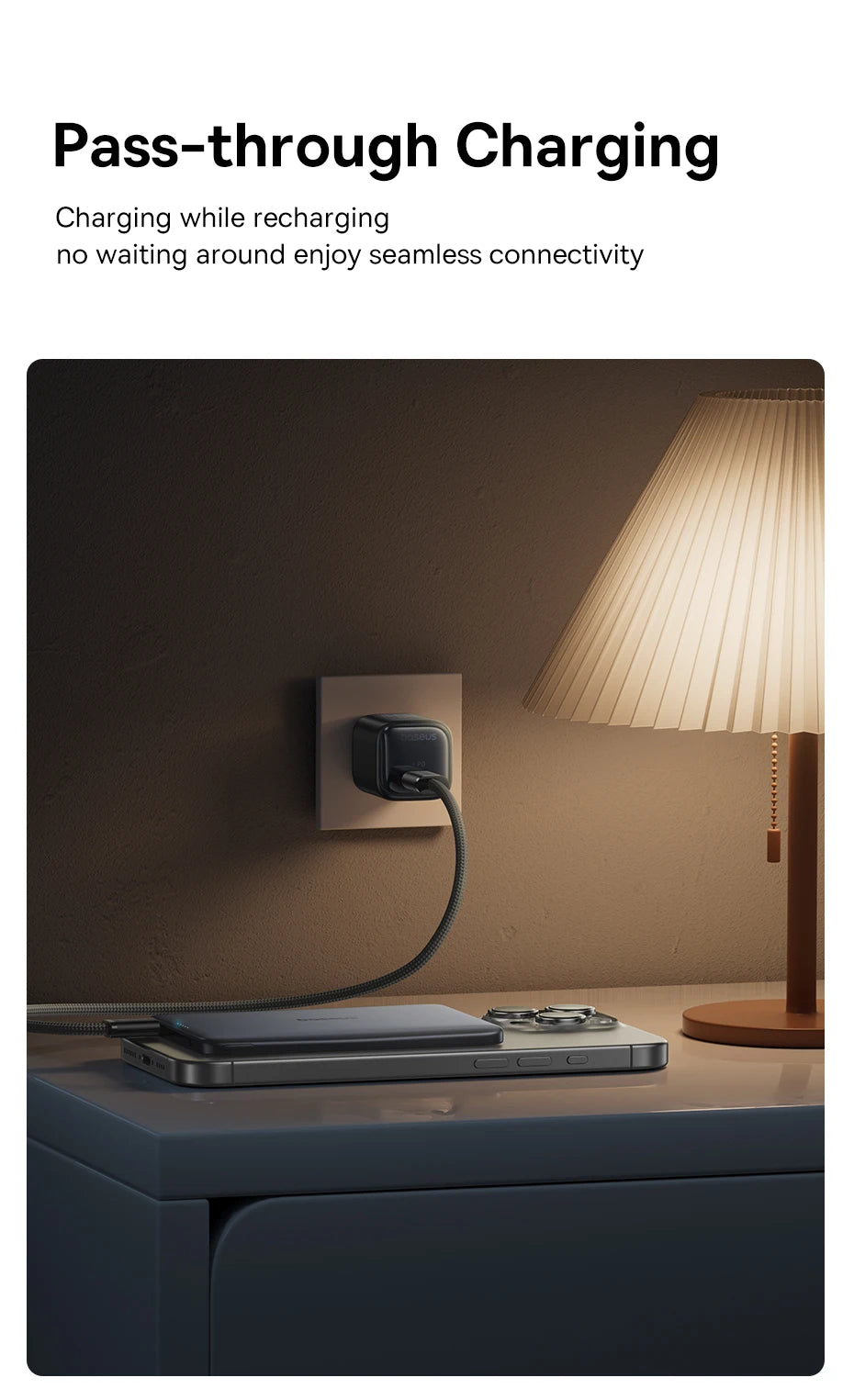 Pass-through charging setup with a smartphone and charger on a nightstand.