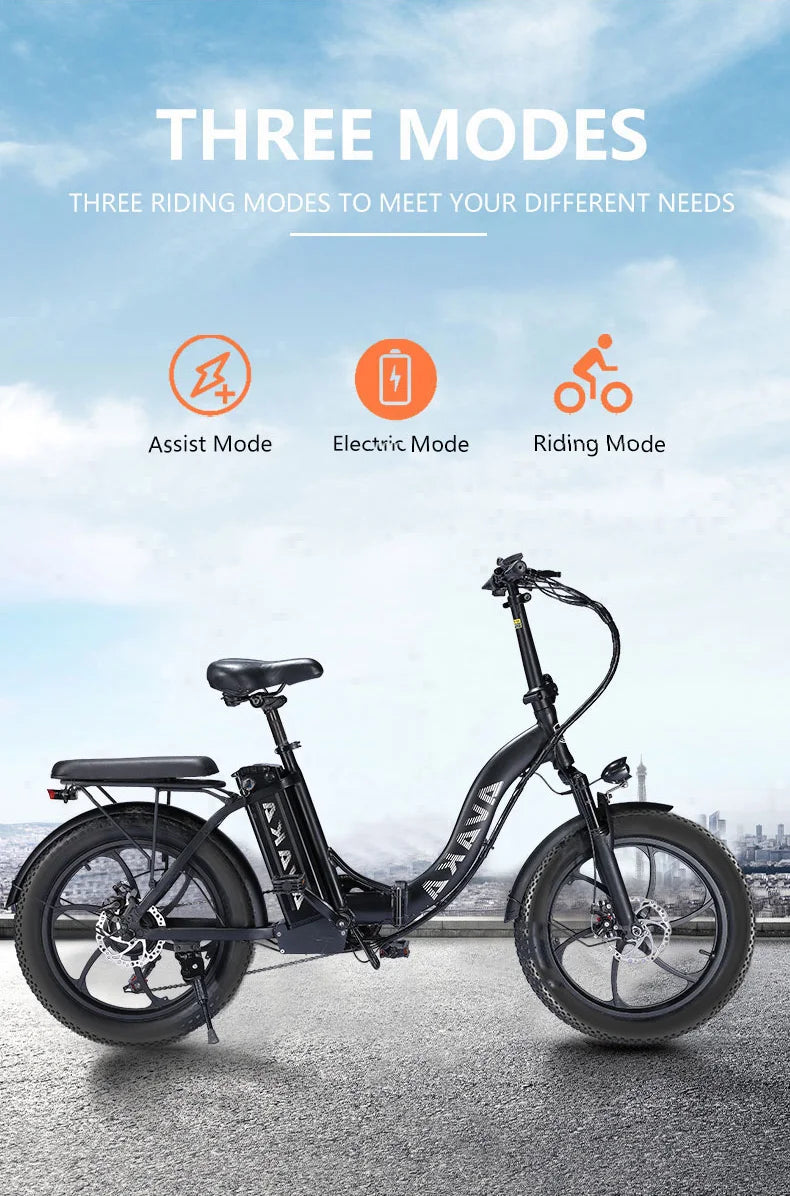 AVAKA BZ20 PLUS Foldable E‑bike  Electric bike with three modes indicated against a sky background