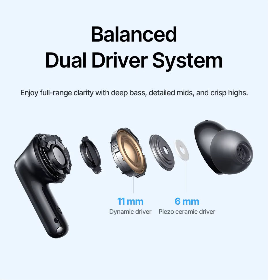 Baseus EP10 earbuds Balanced dual driver system with 11 mm dynamic driver and 6 mm piezo ceramic driver on a white background.