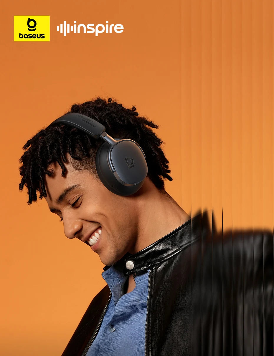 Person wearing black Baseus Inspire XH1 headphones with a brand logo on an orange background