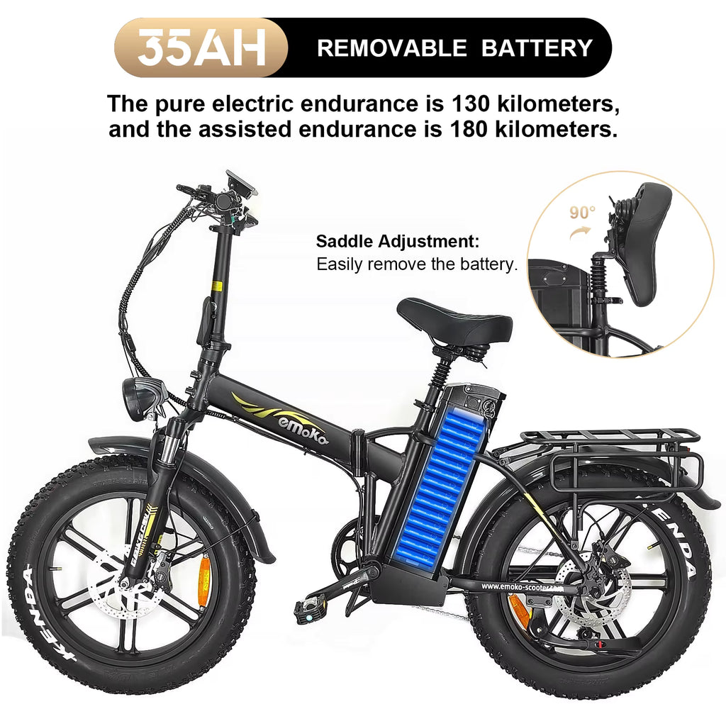 EMOCO 1000W Electric bike with a removable battery, showing battery capacity and features.