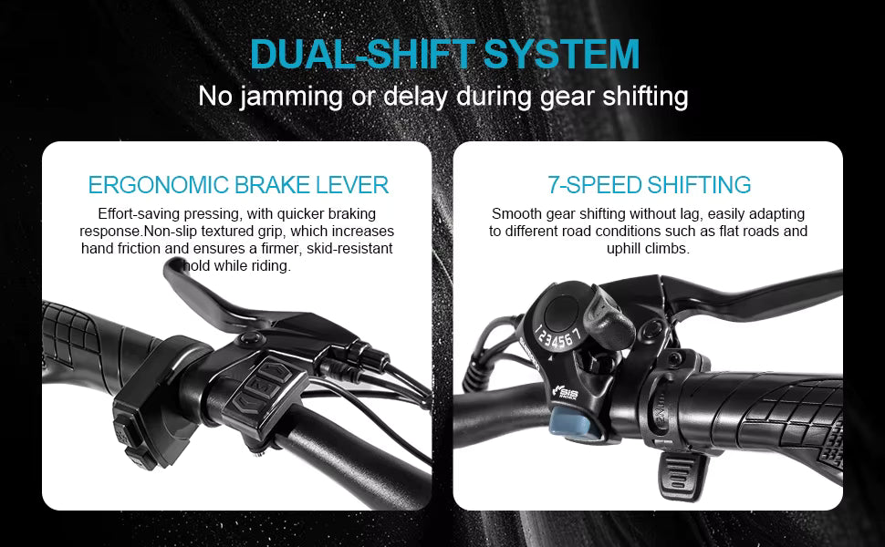 Bicycle handlebar with dual-shift system, ergonomic brake lever, and 7-speed shifting features on a dark background.