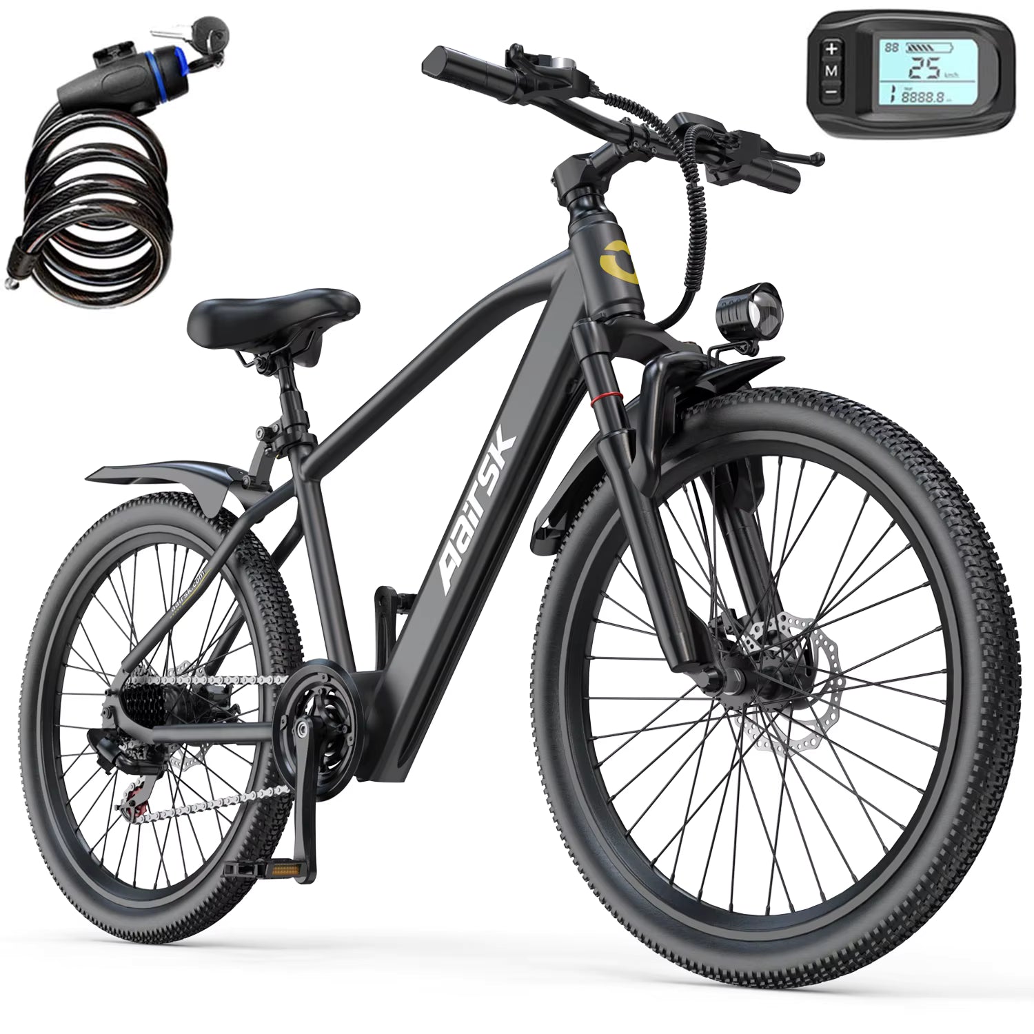 Black electric bike with accessories on a white background