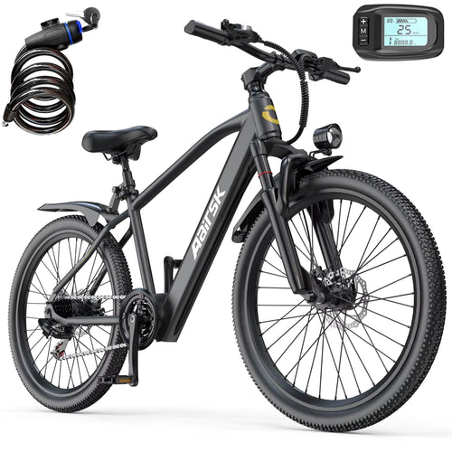 Black electric bike with accessories on a white background
