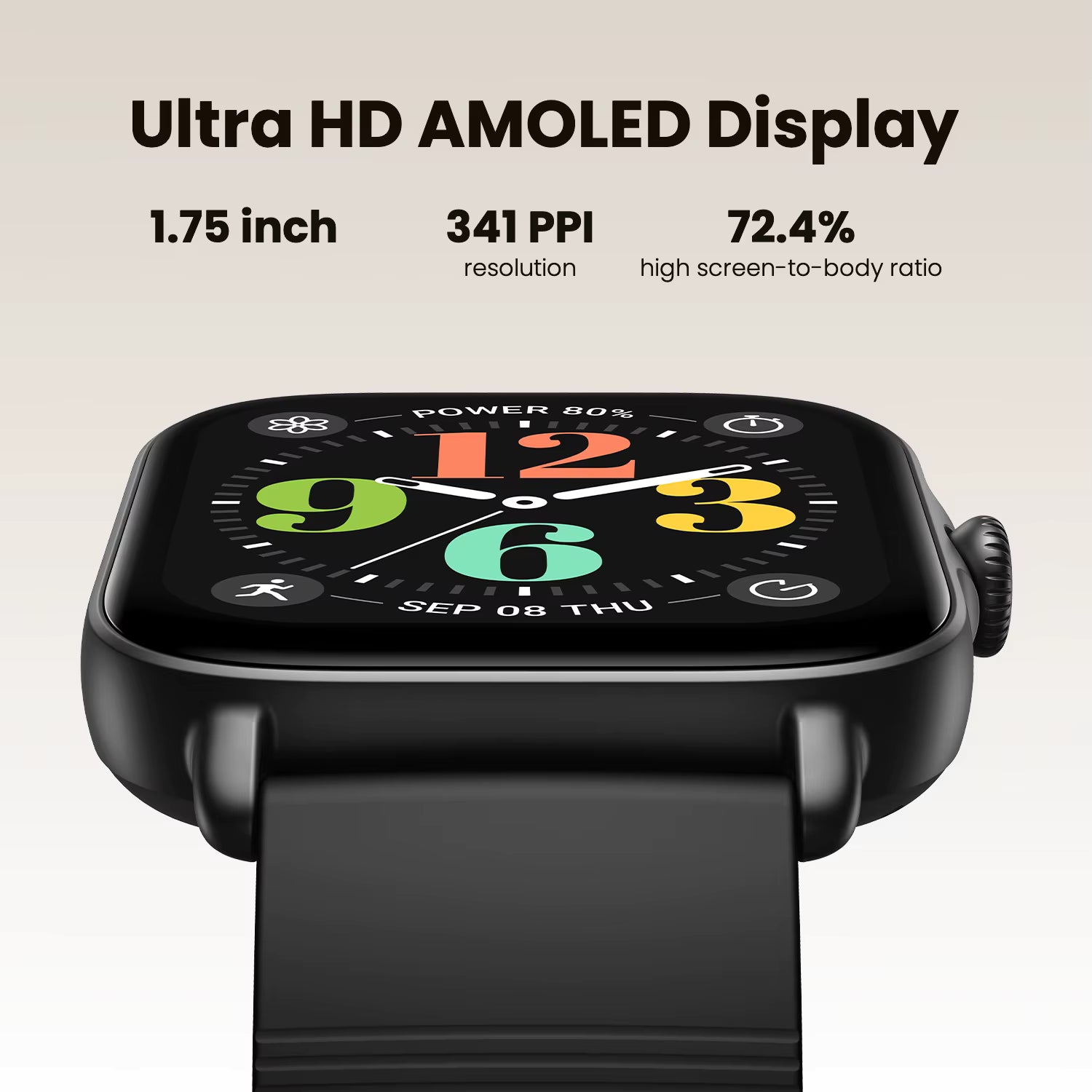 Black smartwatch with a rectangular rounded-corner display and black band, shown on a light beige background with marketing text reading 'Ultra HD AMOLED Display' and feature callouts including 1.75 inch, 341 PPI resolution, and 72.4%