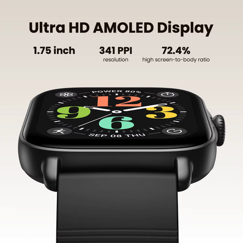 Black smartwatch with a rectangular rounded-corner display and black band, shown on a light beige background with marketing text reading 'Ultra HD AMOLED Display' and feature callouts including 1.75 inch, 341 PPI resolution, and 72.4%