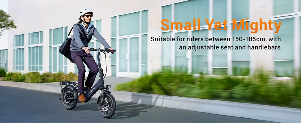 Person riding a small electric bicycle with text highlighting its features for this e-bike 