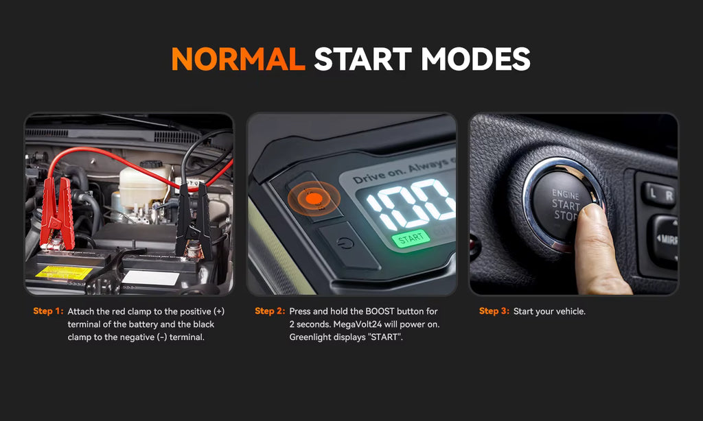 Instructions for using a jump starter with text and images on a black background