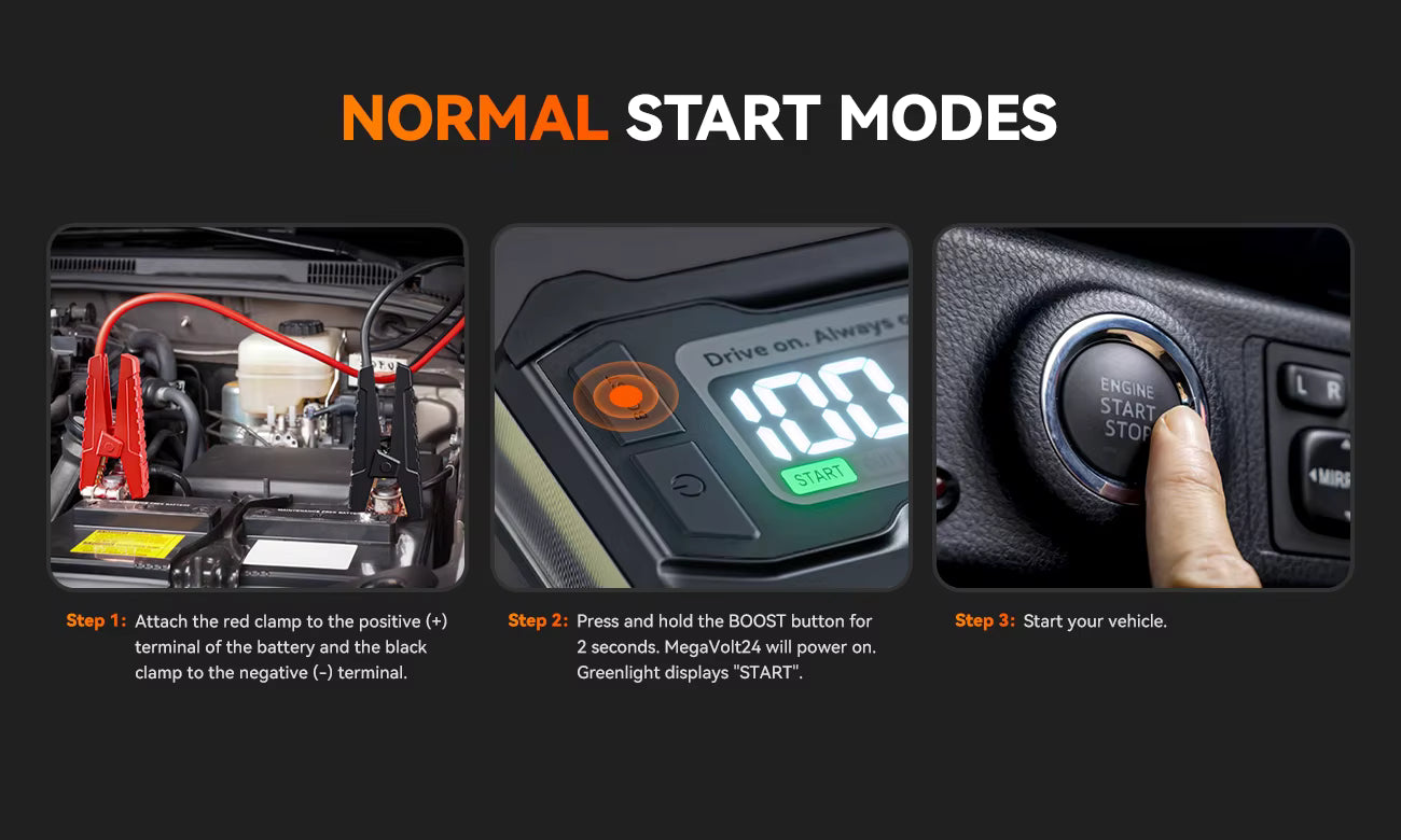 Instructions for using a jump starter with text and images on a black background