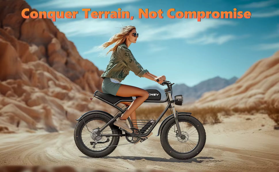 Woman riding an electric bike in a desert landscape with text 'Conquer Terrain, Not Compromise'.