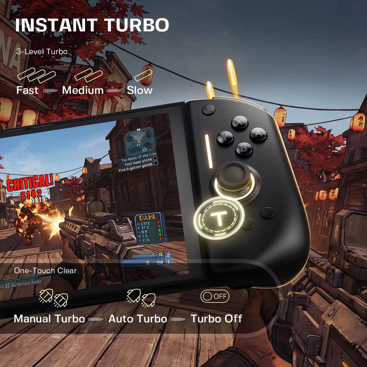 Handheld gaming console displaying a first‑person shooter game, highlighting the controller’s Instant Turbo feature with three speed levels (Fast, Medium, Slow) and illuminated turbo button for manual, auto, or off modes.