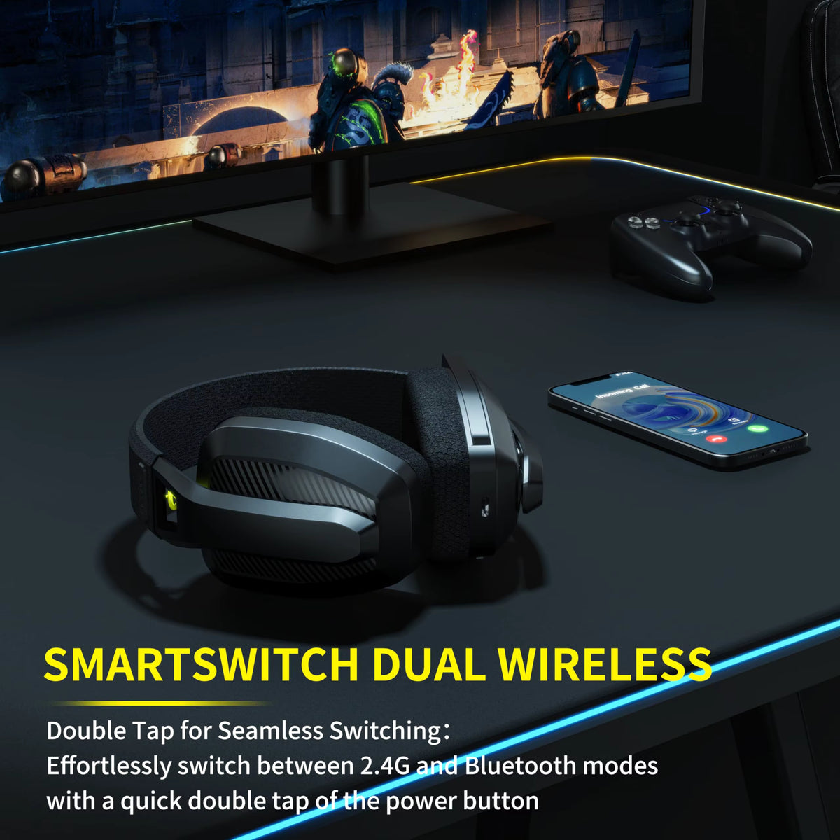 Promotional graphic showcasing Smartswitch dual wireless technology for seamless switching between 2.4G and Bluetooth modes
