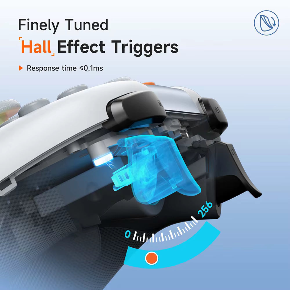 Close‑up of Hall‑Effect trigger with blue transparent components showing precise, fast analog response.