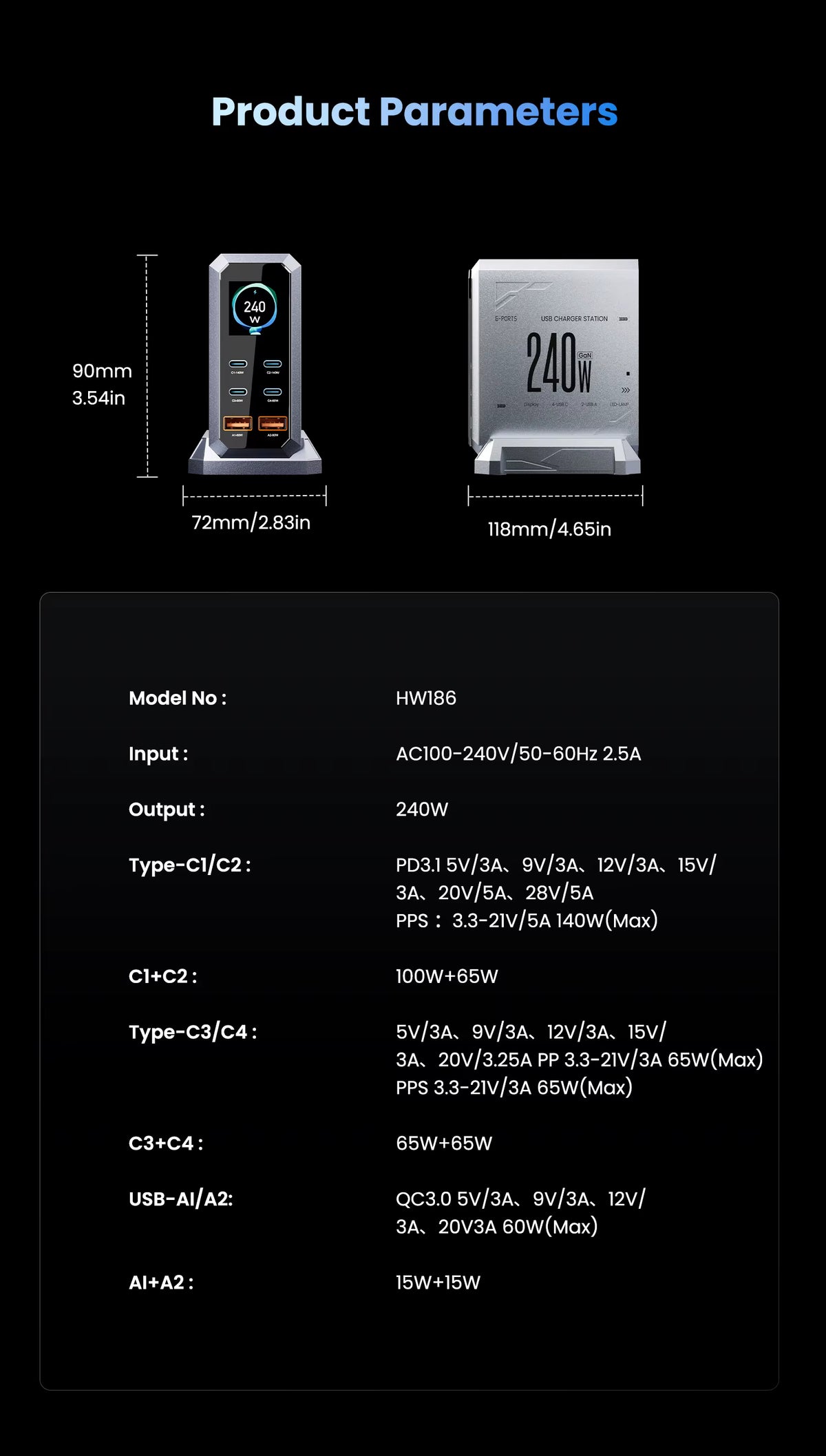ASOMETECH 240W GaN Desktop Fast Charging Station product specifications parameter sheet
