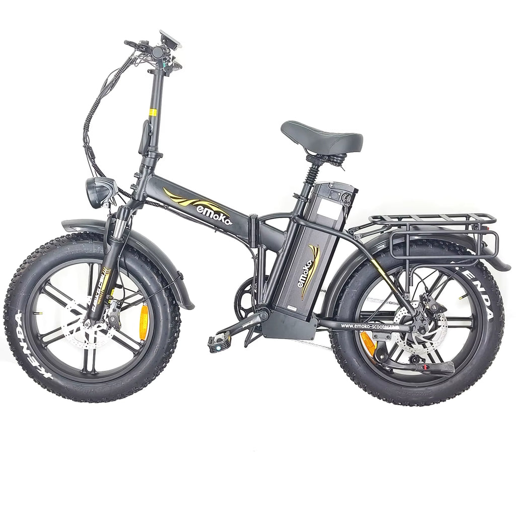 Black EMOCO 1000W electric bike with black tires on a white background