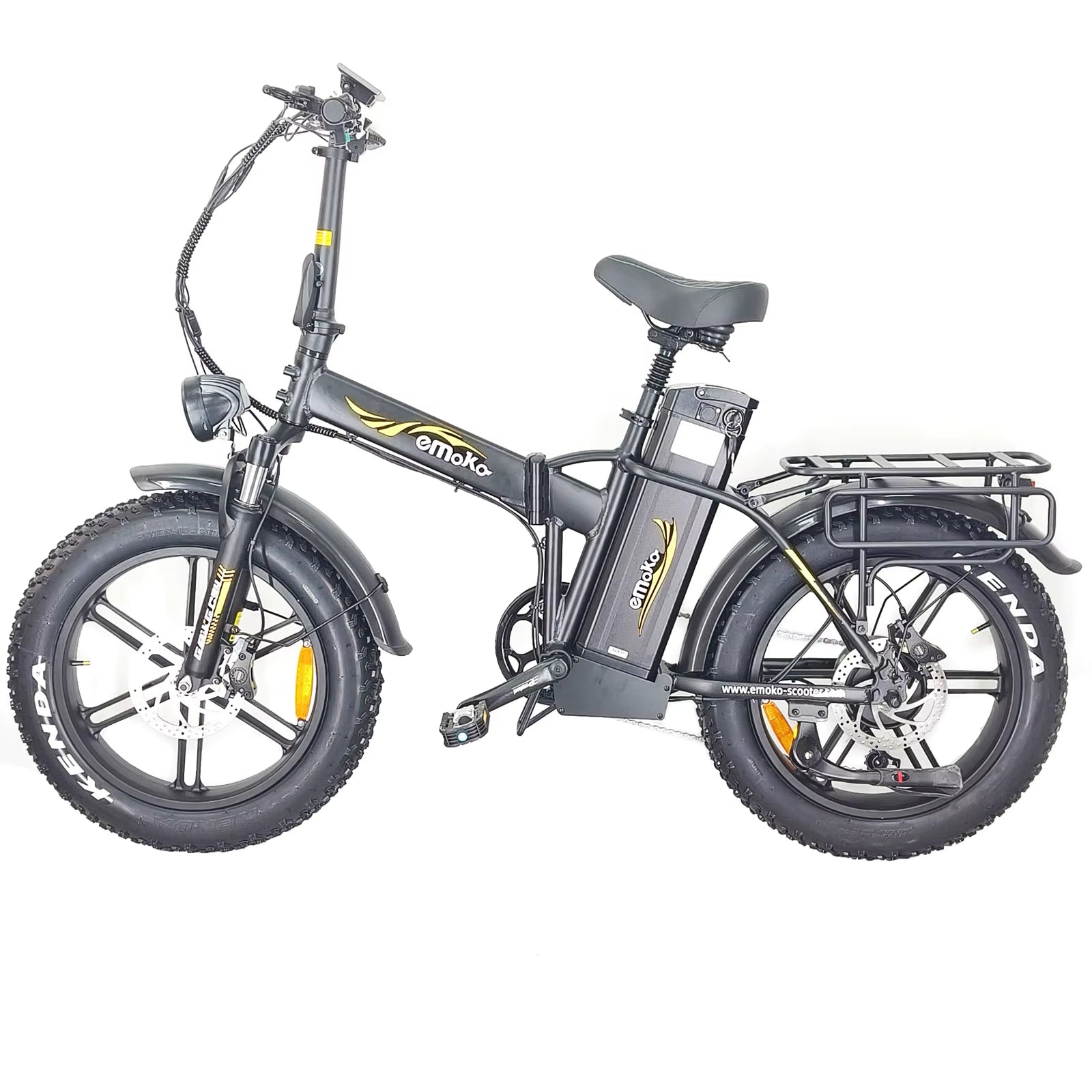 Black EMOCO 1000W electric bike with black tires on a white background