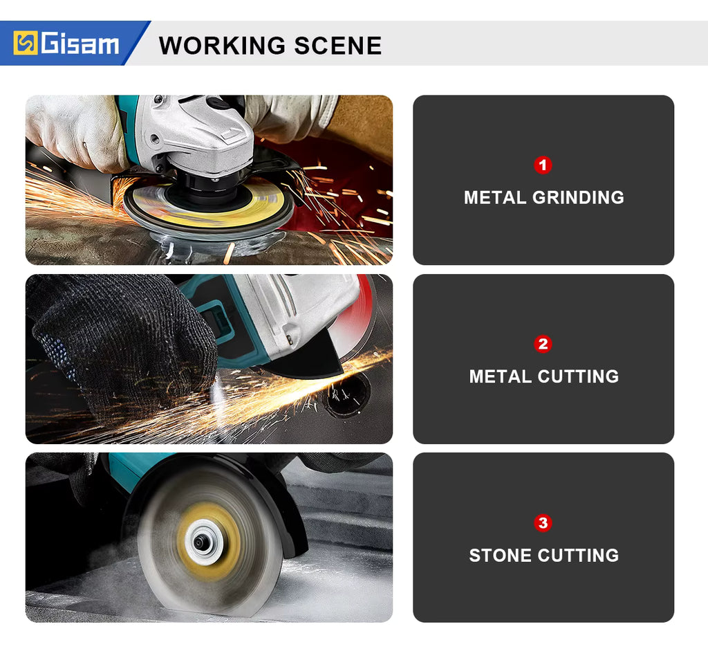 Gisam 18V Brushless Electric Angle Grinder working scene graphics showing metal and stone cutting applications   