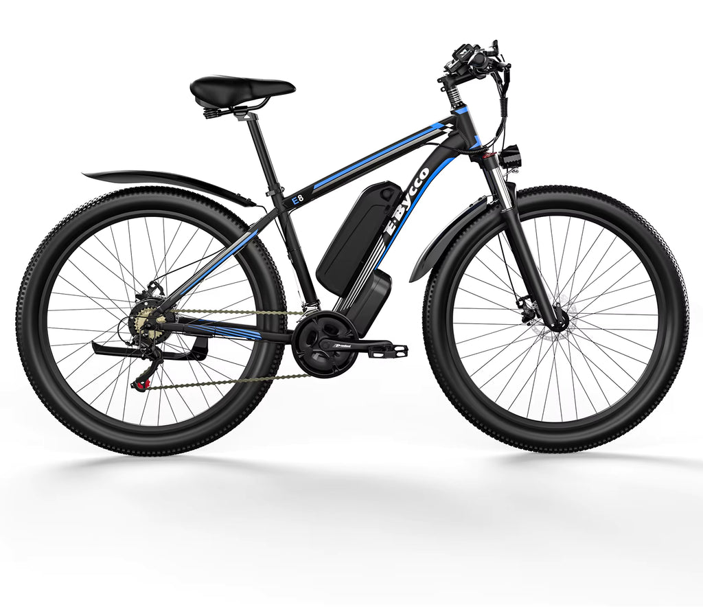 Electric bicycle with black frame and blue accents on a white background