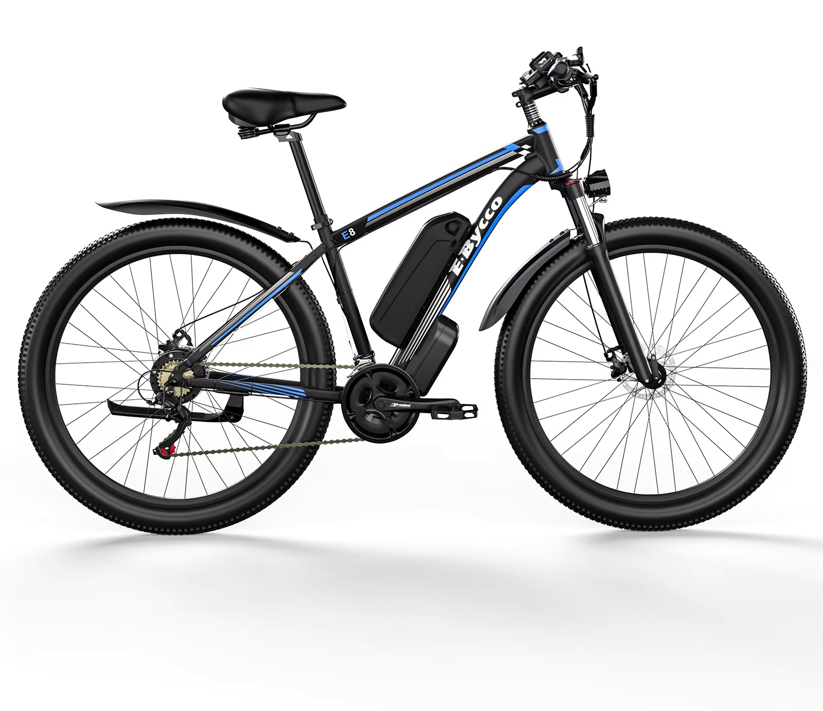 Electric bicycle with black frame and blue accents on a white background