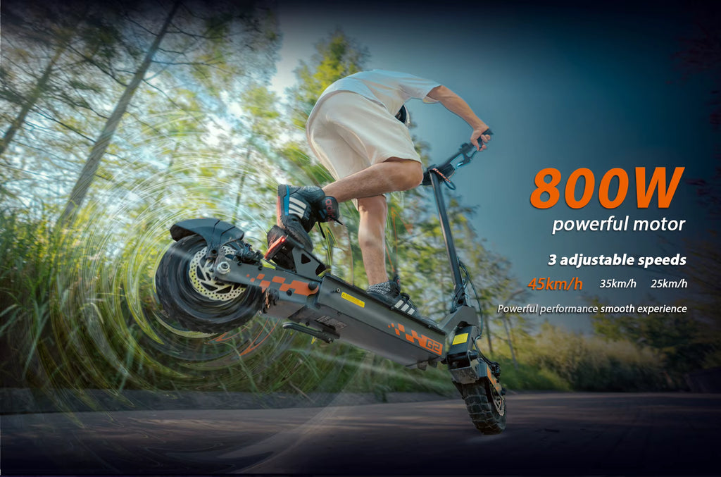 Person riding an electric scooter with 800W motor in a forest setting