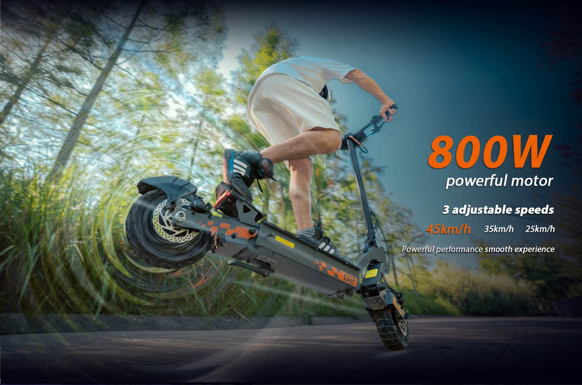 Person riding an electric scooter with 800W motor in a forest setting
