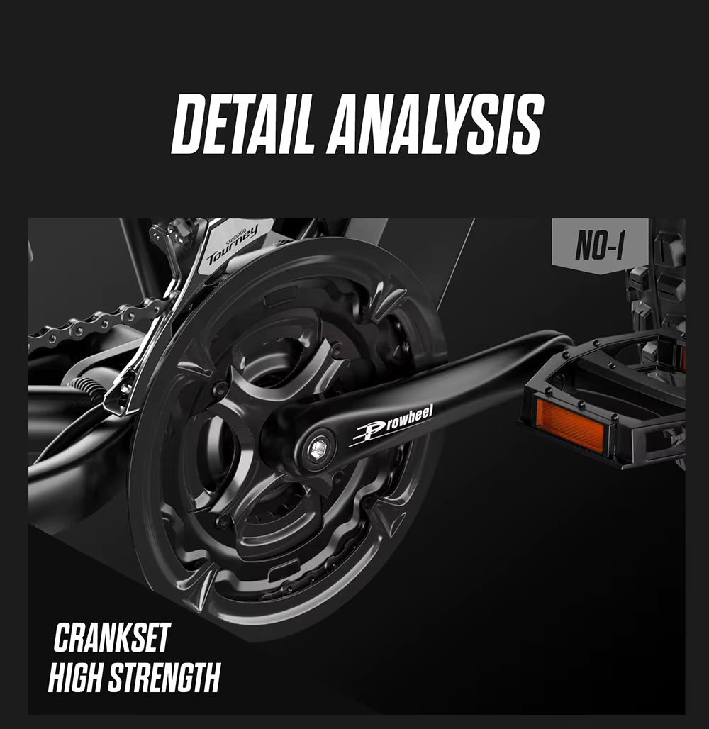 Close-up of a high-strength crankset with 'Prowheel' branding on a black background, featuring text 'Detail Analysis' and 'Crankset High Strength'.