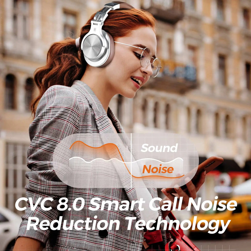 Woman wearing OneOdio A70  headphones with text about CVC 8.0 smart call noise reduction technology.