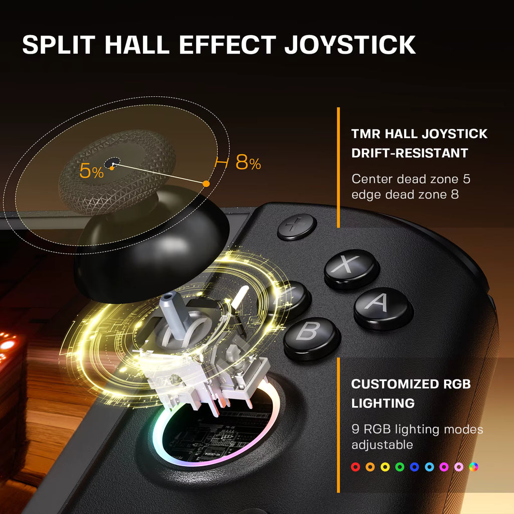 A close-up promotional graphic of a split-hall effect joystick controller with text callouts about TMR hall joystick drift-resistance and customizable RGB lighting. The joystick is shown floating above a control panel with illuminated internal components and colored ring lights.