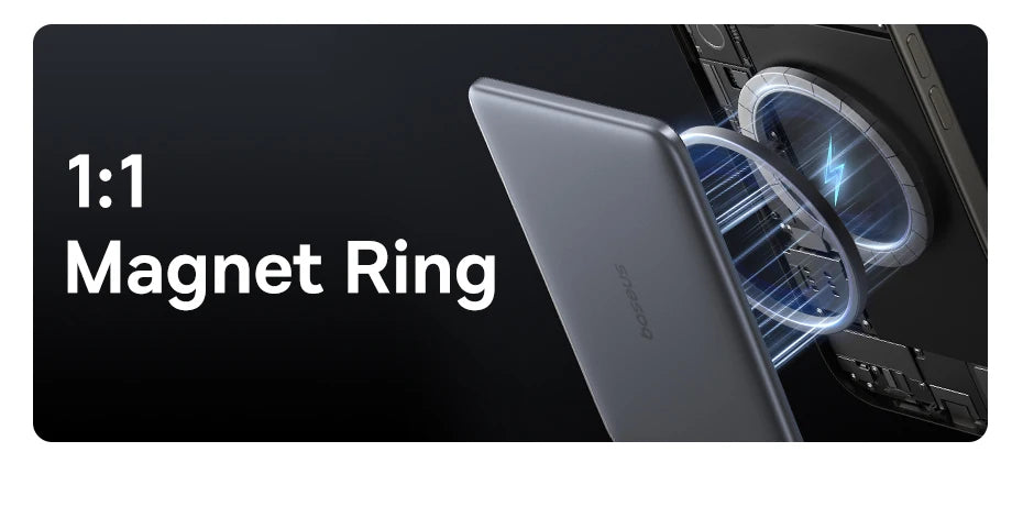 Baseus magnetic power bank with a magnet ring feature displayed on a black background