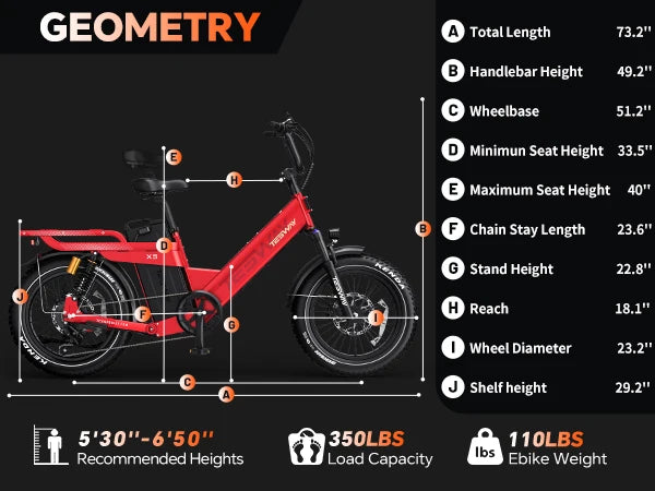 Red electric TESWAY X5 AWD e-bike with geometric measurements on a black background