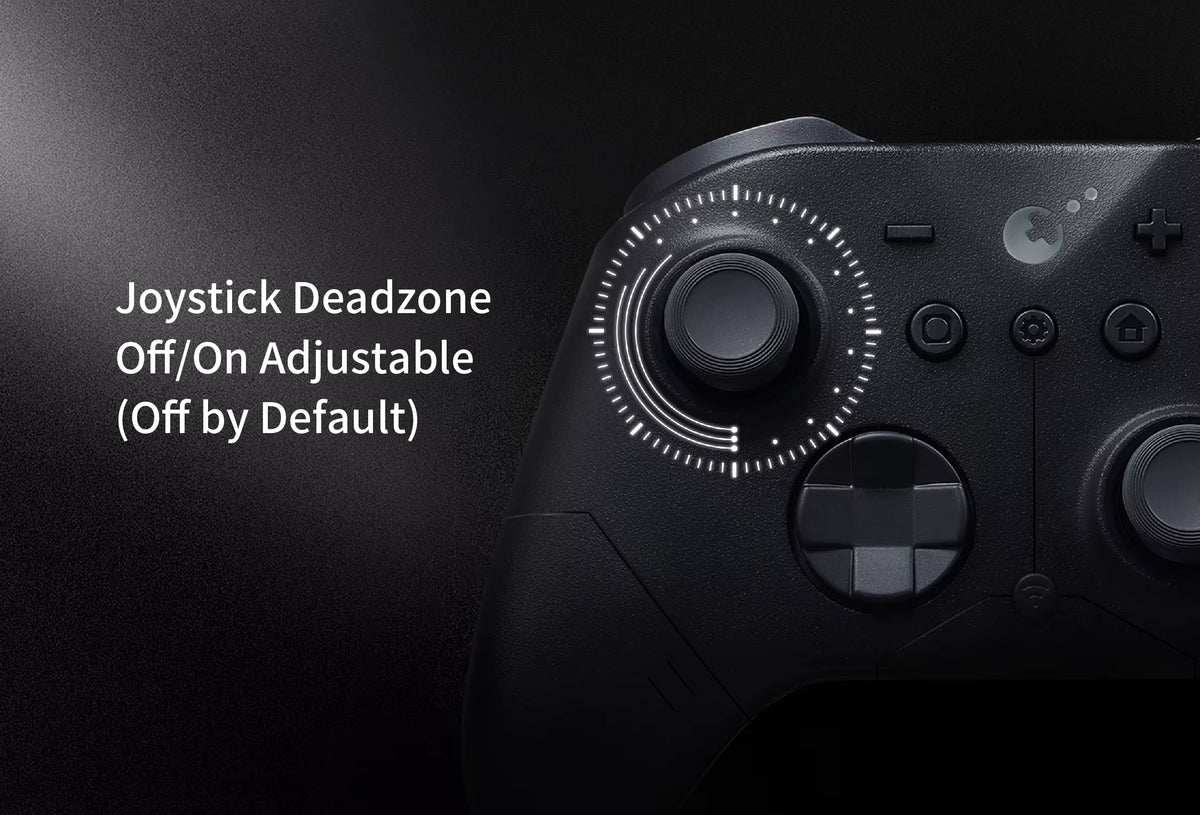 GuliKit ES Pro Controller close‑up highlighting left joystick with illuminated ring. Text reads “Joystick Deadzone Off/On Adjustable (Off by Default)” showing customizable sensitivity feature for precise control. Matte black finish with D‑pad and function buttons on a dark background.