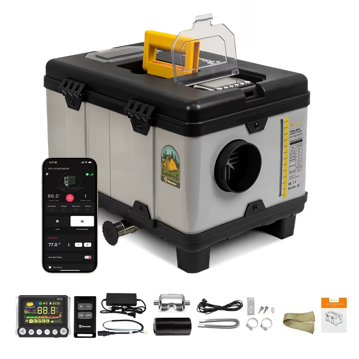 Sunster 8KW Portable Diesel Air Heater main unit with smart LCD controller and full accessory kit