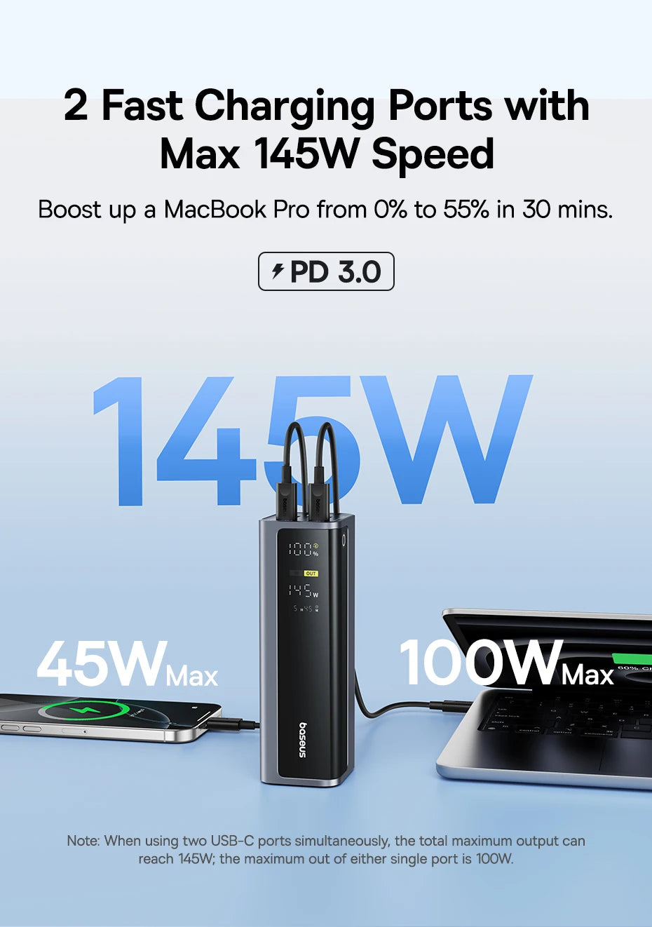 Power bank with fast charging ports and laptop on a light blue background