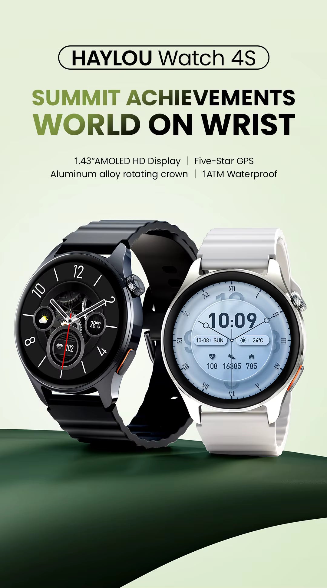 Haylou Watch 4S with black and white bands on a green background