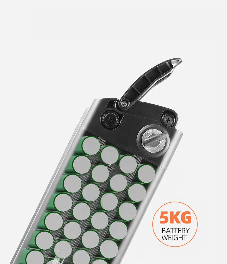 AVAKA BZ20 PLUS Foldable E‑bike  Battery pack with green and white cylindrical cells and a '5KG BATTERY WEIGHT' label on a white background.
