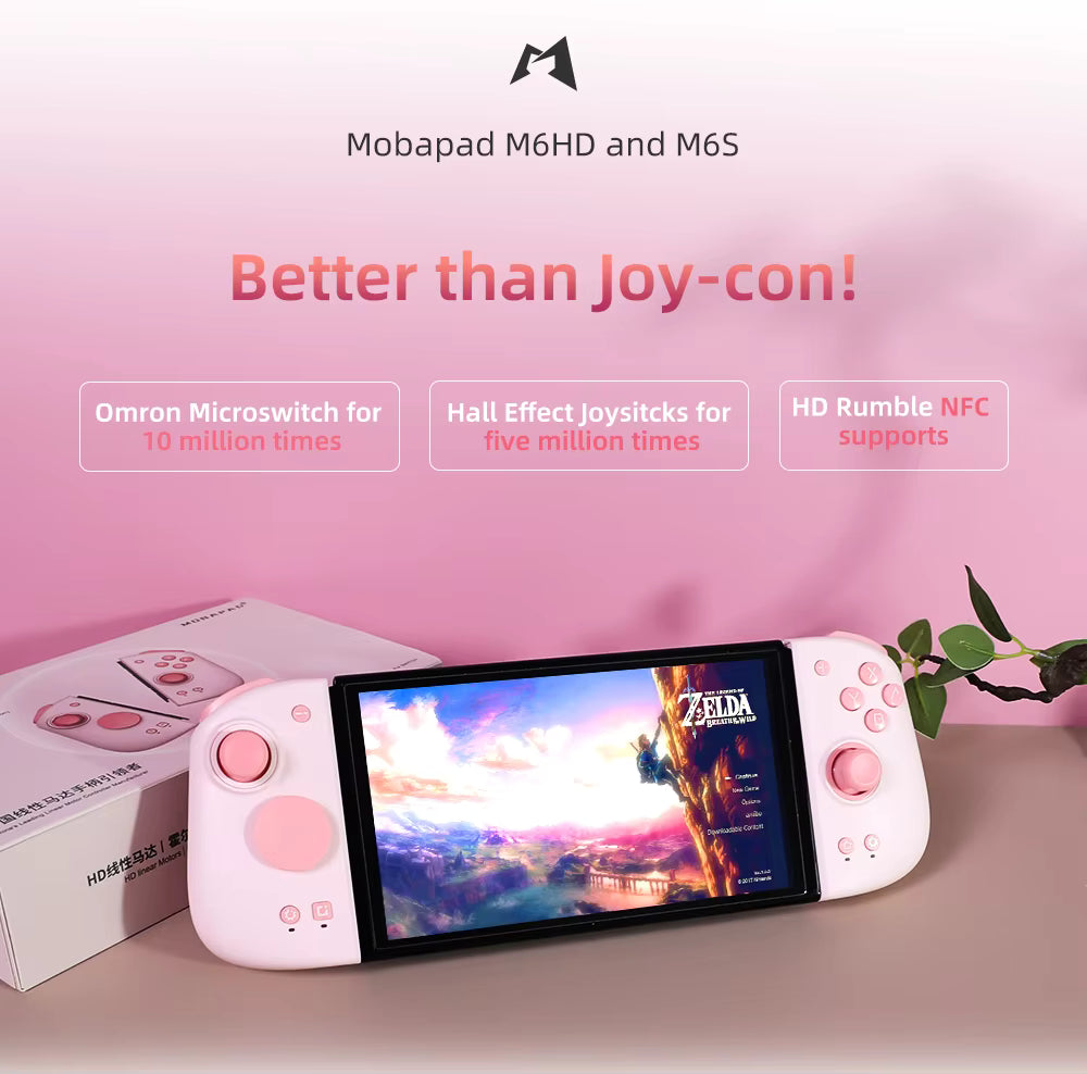 Marketing infographic comparing the Mobapad M6 HD to standard Joy-Cons, highlighting Hall-Effect sensors and mechanical switches.