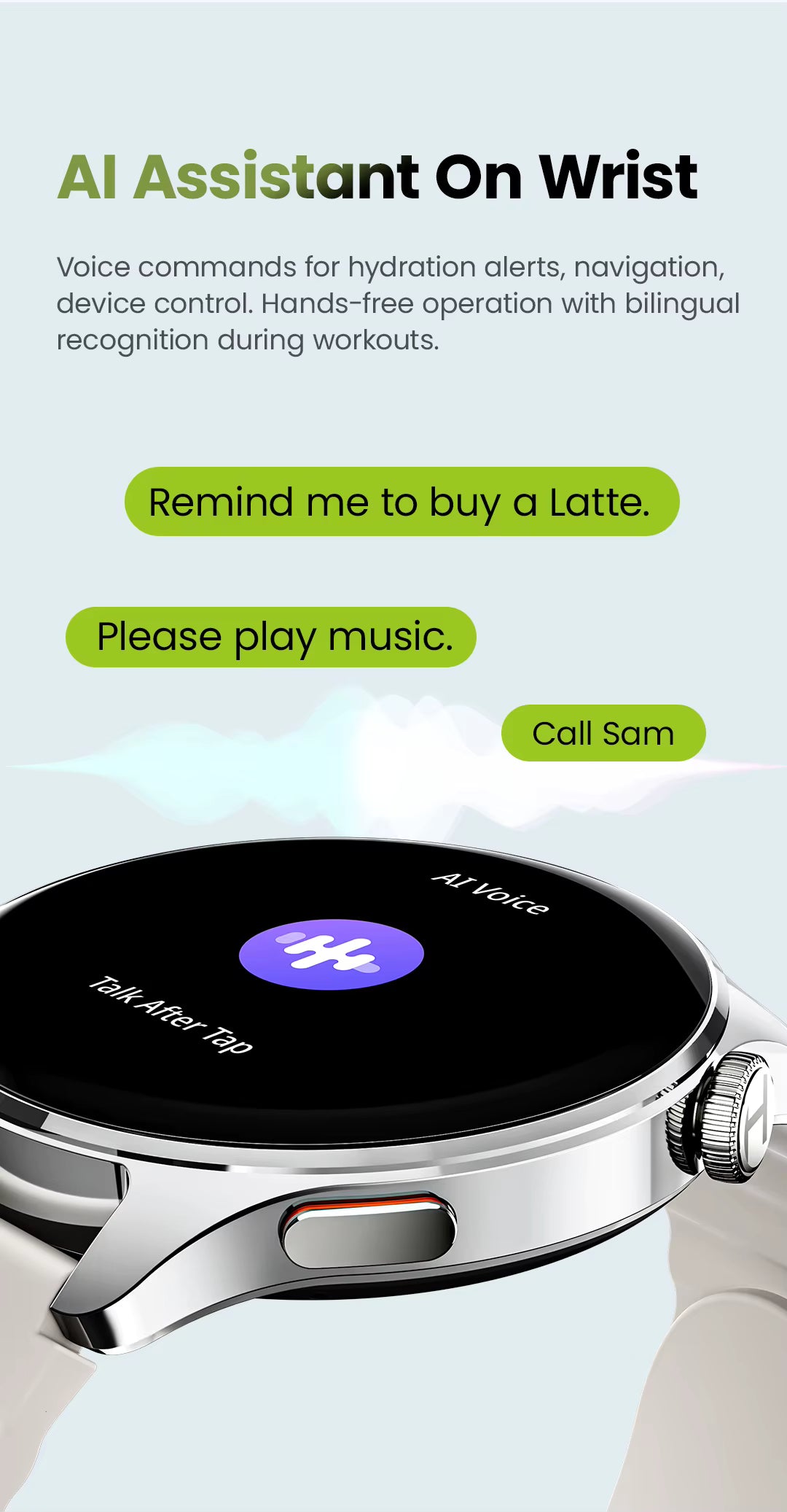 A smartwatch with a silver metal case and white band is shown on a pale blue background with promotional text about an AI assistant on wrist. The watch screen displays a black interface with a purple AI icon and text including 'AI Voice' and 'Talk After Tap.