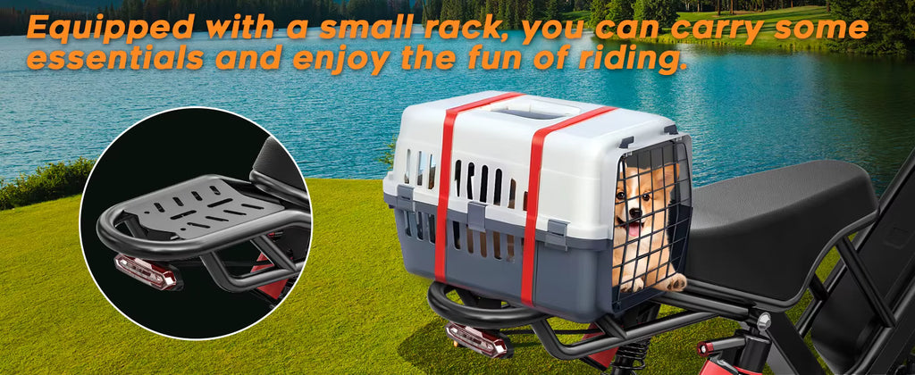 Spacewalk 1500W Pet carrier on an electric bicycle with a small rack, set against a scenic background.