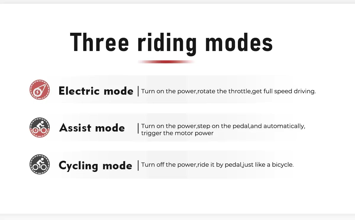 Text explaining three riding modes with icons on a white background